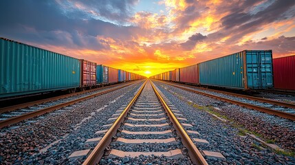 Fototapeta premium Freight train at sunset