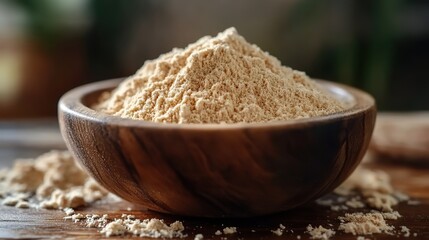 a wooden bowl filled with fine beige trigonella lepidium sativum powder rests on a wooden surface the light background emphasizes the smooth texture,natural color of the powder