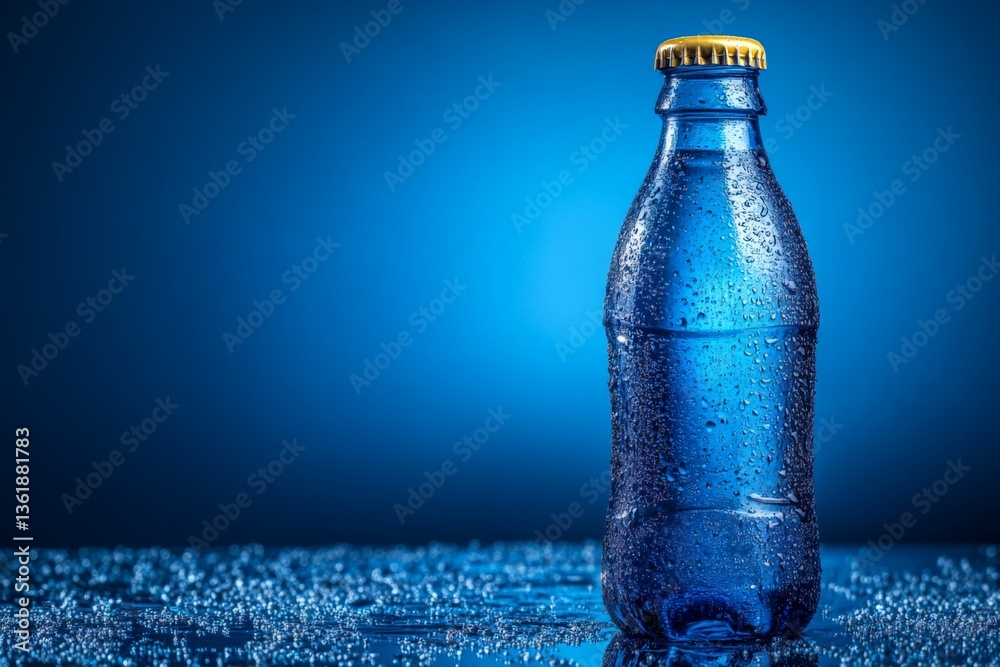 Poster water bottle with water droplets illuminated in blue light on a reflective surface capturing a refre