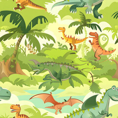 Naklejka premium A colorful illustration of various dinosaurs in a lush, prehistoric jungle setting.