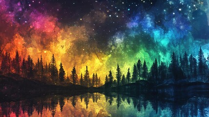 Obraz premium fractal inspired vibrant color art Vibrant night sky over a tranquil lake scene.