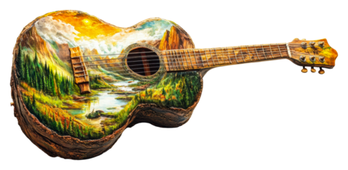 Creative guitar featuring nature scene artistic environment isolated on transparent background