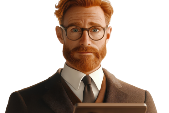 A Pensive, Stylish Redhead Professional Thoughtfully Reviewing Documents On His Tablet, Exuding Confidence And Expertise With Warm, Soft Lighting Isolated on Transparent Background