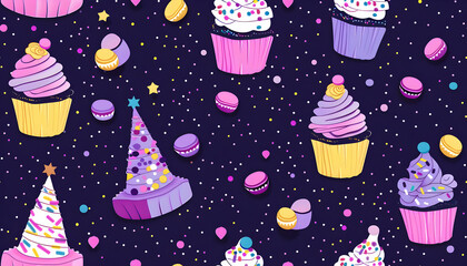 A colorful pattern featuring cupcakes, macarons, and party hats on a dark background.