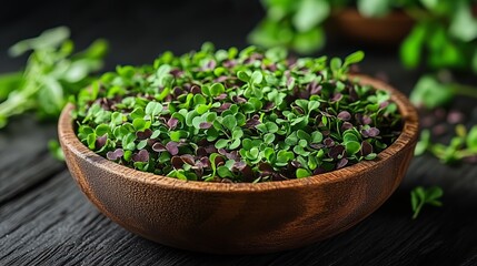 a wooden bowl filled with garden cress seeds stands on a wooden surface,displays the small reddish brown seeds known for their peppery flavor these seeds are often used as a garnish in salads