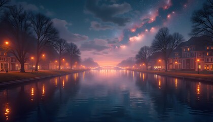 A painting of a bridge over a body of water at night