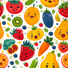 A colorful pattern featuring smiling fruits and vegetables, perfect for kids' designs.