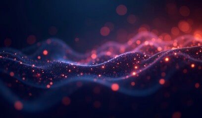 Obraz premium Red and blue glowing particles softly undulate across a dark canvas creating a serene abstract landscape. AI Generated