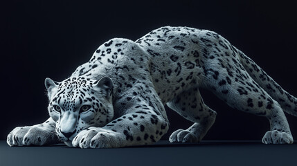 The snow leopard stands in royal dignity, the royal seat of the snow leopard, the king snow leopard on the white peak, the royal snow leopard is resting, the snow king in a royal pose