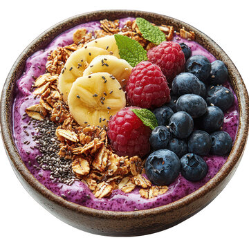 A vibrant acai bowl with granola and chia seeds, isolated on a white background.