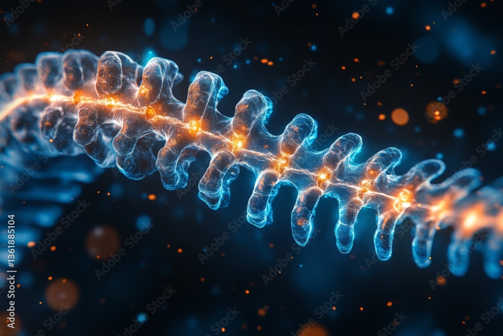 Poster intricate representation of a human spine illuminated with vibrant colors in a dynamic, abstract sty