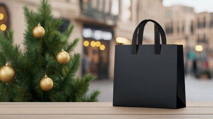 Black Shopping Bag and Decorated Christmas Tree on Wooden Surface