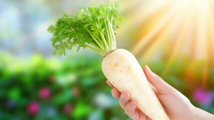 Parsnip vegetable held against bright sunlight and green blurred garden backdrop