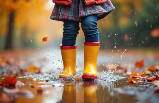 Little girl with yellow rain boots jumps in puddle during autumn rain. Autumnal park, foliage, falling leaves and splashes in water create joyful childhood mood. Happy kid enjoys time outdoors.