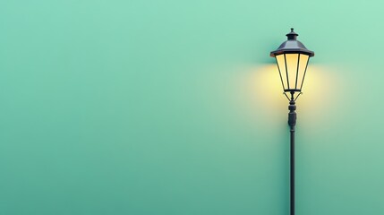 Illuminated Streetlamp Against Mint Green Wall