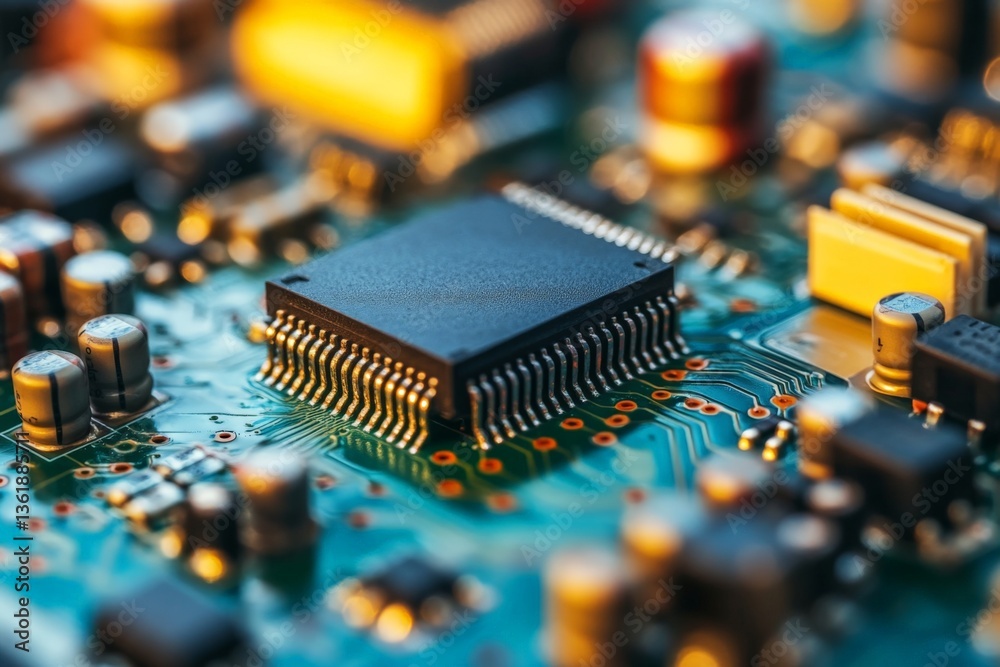 Fototapete Close-up of a microchip on a circuit board showcasing intricate details of electronics and technology components