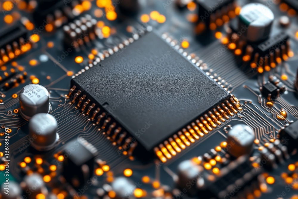 Fototapete Close-up view of a complex electronic circuit board featuring a prominent microchip and glowing components