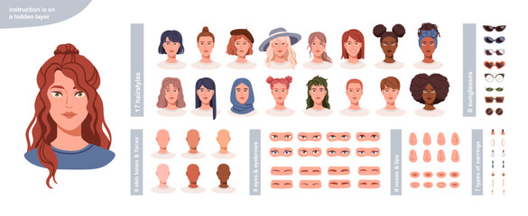 Woman face character constructor. Female avatar construction kit with diverse hairstyles, facial elements, skin. DIY girl head portrait for game. Flat vector illustration isolated on white background