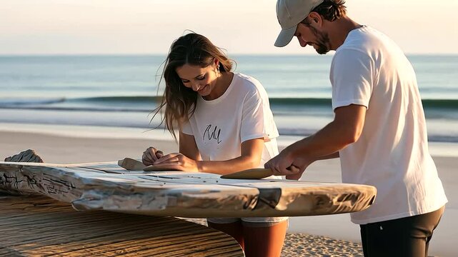 Couple Carving Initials into Driftwood at Romantic Coastal Resort
