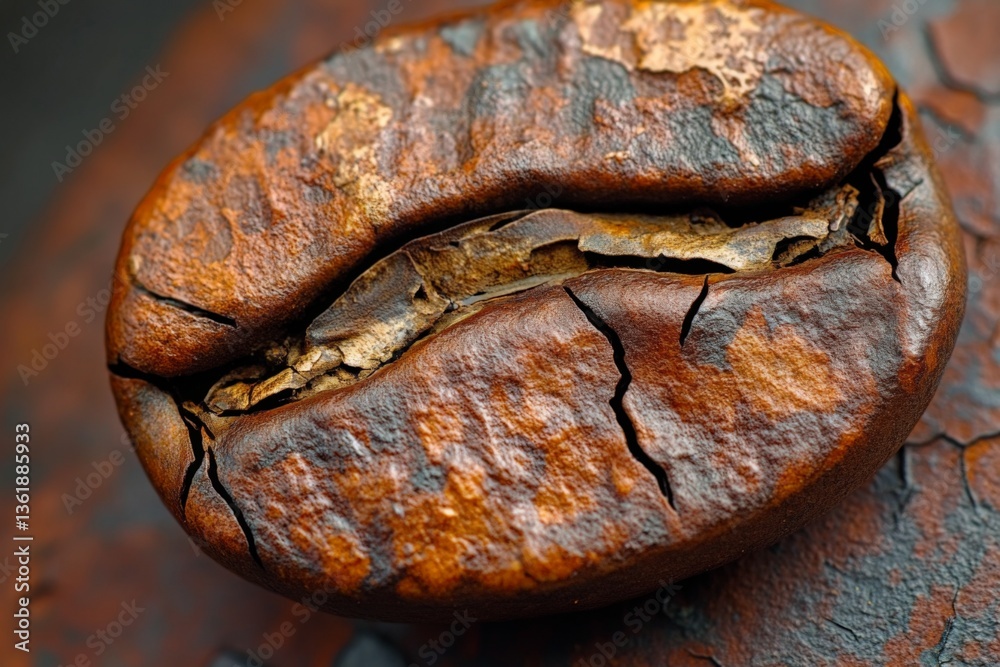 Aufkleber Close-up view of a rustic coffee bean showcasing its rich texture and intricate cracks under warm lighting