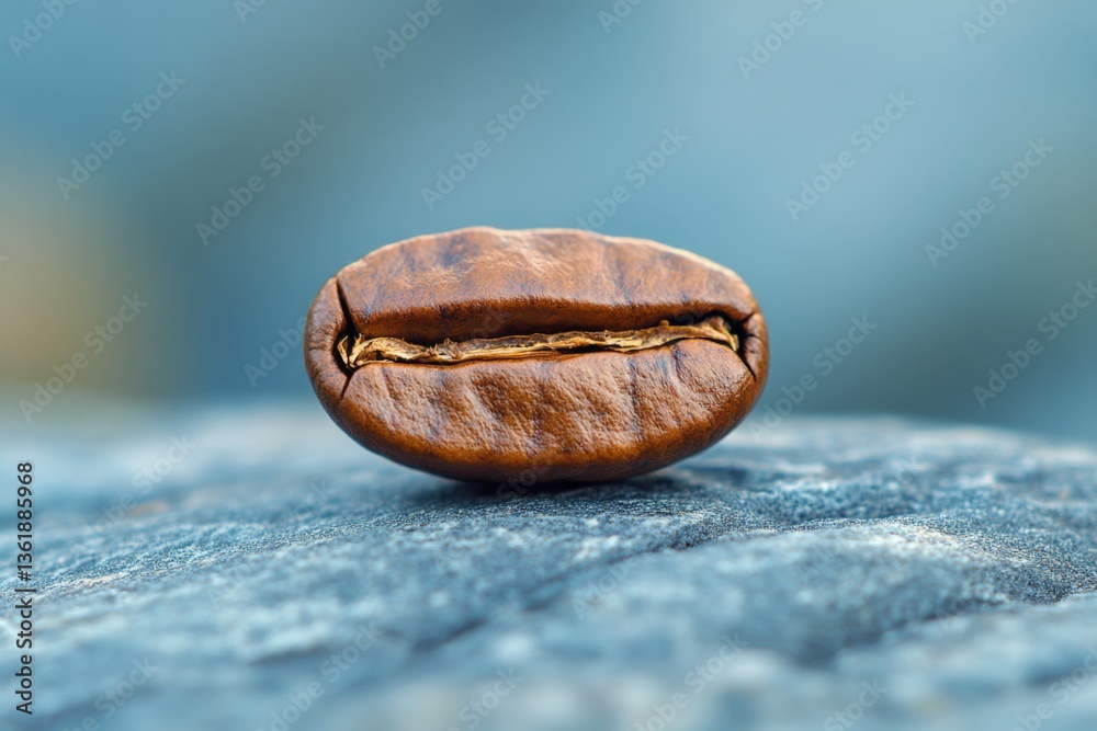 Poster close-up view of a roasted coffee bean resting on a textured stone surface in a serene outdoor setti