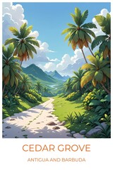 Obraz premium Cedar grove Antigua and barbuda Travel Poster Flat Illustration Print Decor Gift Canvas Wall Art Gift