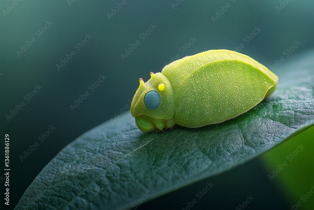 Poster bright green caterpillar resting on a leaf in a lush environment during daylight hours in a tropical