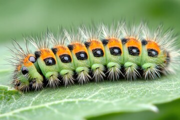 Colorful caterpillar resting on a leaf during daylight in a vibrant natural setting