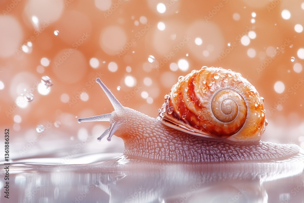 Aufkleber Close-up of a snail with a glossy shell gliding on a wet surface surrounded by soft bokeh lights in a serene atmosphere