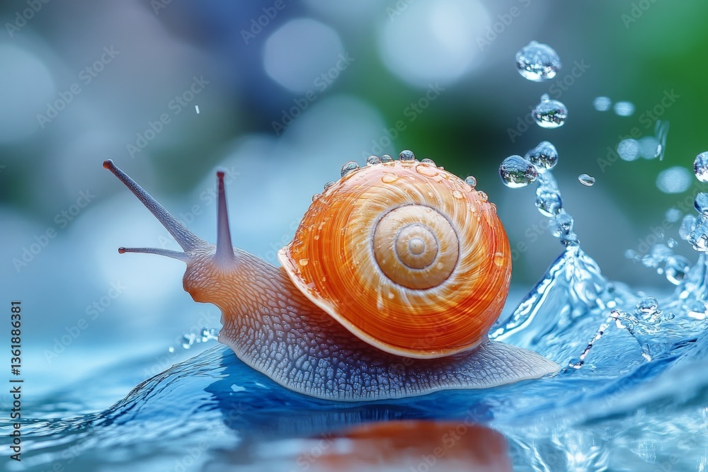 Poster snail glides through shimmering water with a vibrant shell reflecting sunlight in a tranquil environ