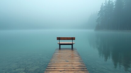 Misty lake with wooden bench