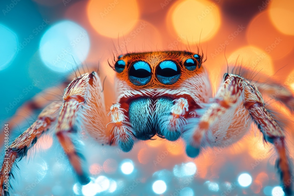 Aufkleber close-up view of a colorful spider with vivid eyes against a bokeh background during nighttime