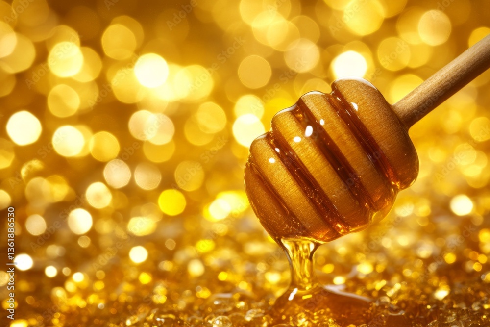 Poster golden honey drips from a wooden dipper against a shimmering background of warm tones and reflection