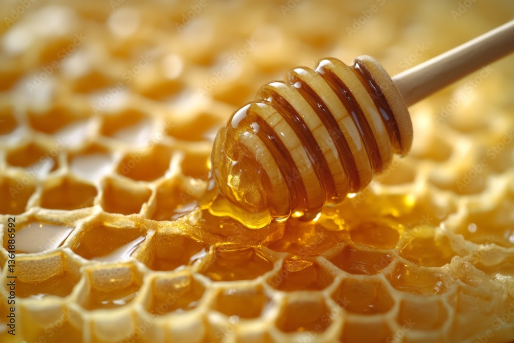 Poster honey drips from a wooden dipper onto a honeycomb at a local apiary during a sunny afternoon