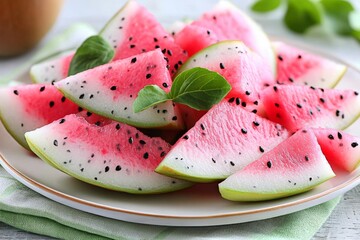 Freshly sliced watermelon served on a plate with green mint leaves garnishing the vibrant fruit pieces