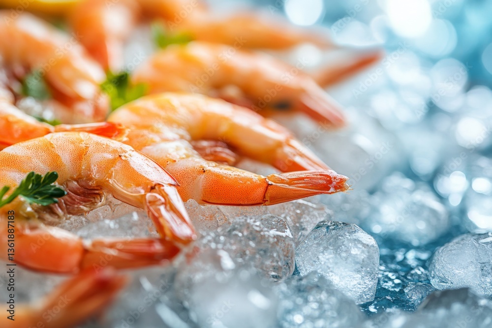 Poster fresh shrimp served on ice at a seafood market displaying vibrant colors and textures in an appealin