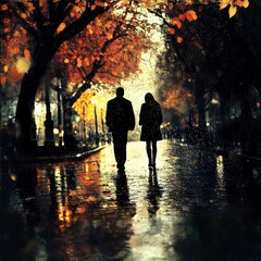 Fototapeta premium Romantic Couple Silhouetted Walking in Autumn Rain