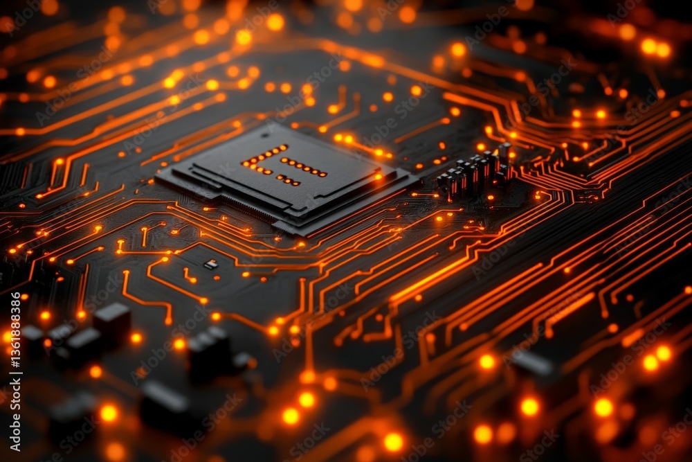 Poster Close-up view of a computer circuit board illuminated by orange lights showcasing intricate design details and technology