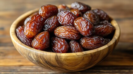 Obraz premium a wooden bowl filled with plump dried medjool dates sits on a wooden surface the light background highlights the rich brown color,wrinkled texture of the dates