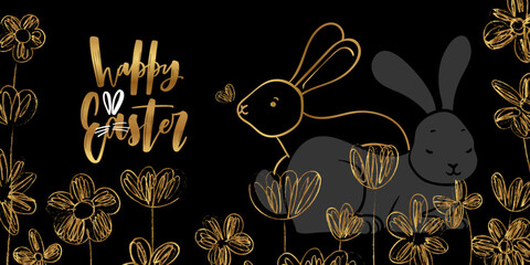 Black and gold Easter banner design with hand drawn vector cute rabbit and sketched doodles of flowers. Happy Easter design for banners, social media, invitations, web and print.