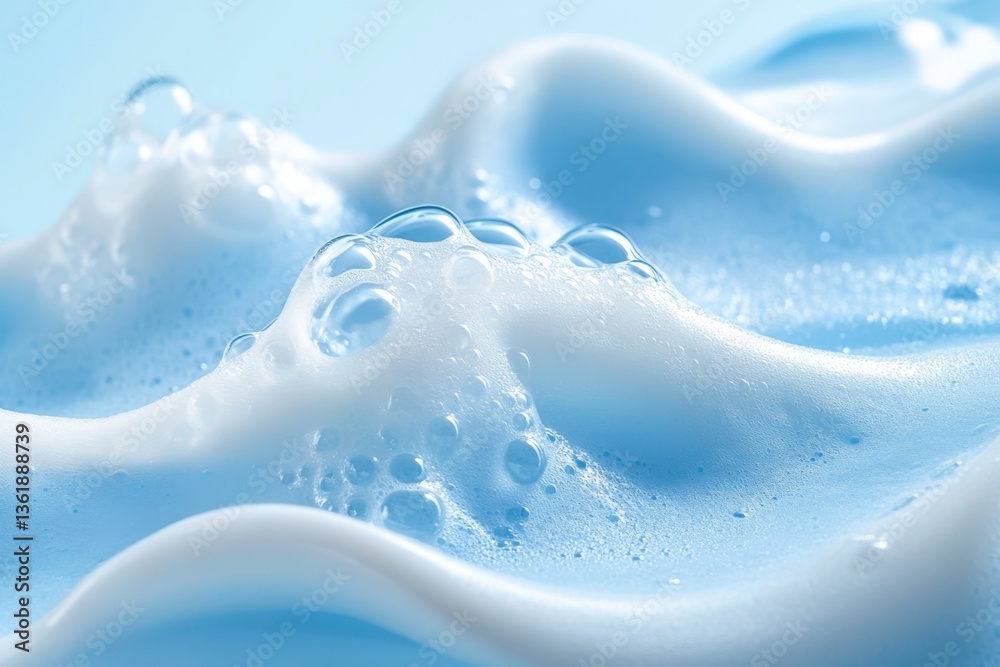 Aufkleber close-up of light blue foam creating soft waves with bubbles on a smooth surface during a serene set