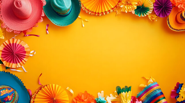 A vibrant and festive Cinco de Mayo scene with colorful papel picado and traditional Mexican hats against a bright yellow background, wide-angle shot,&nbsp;