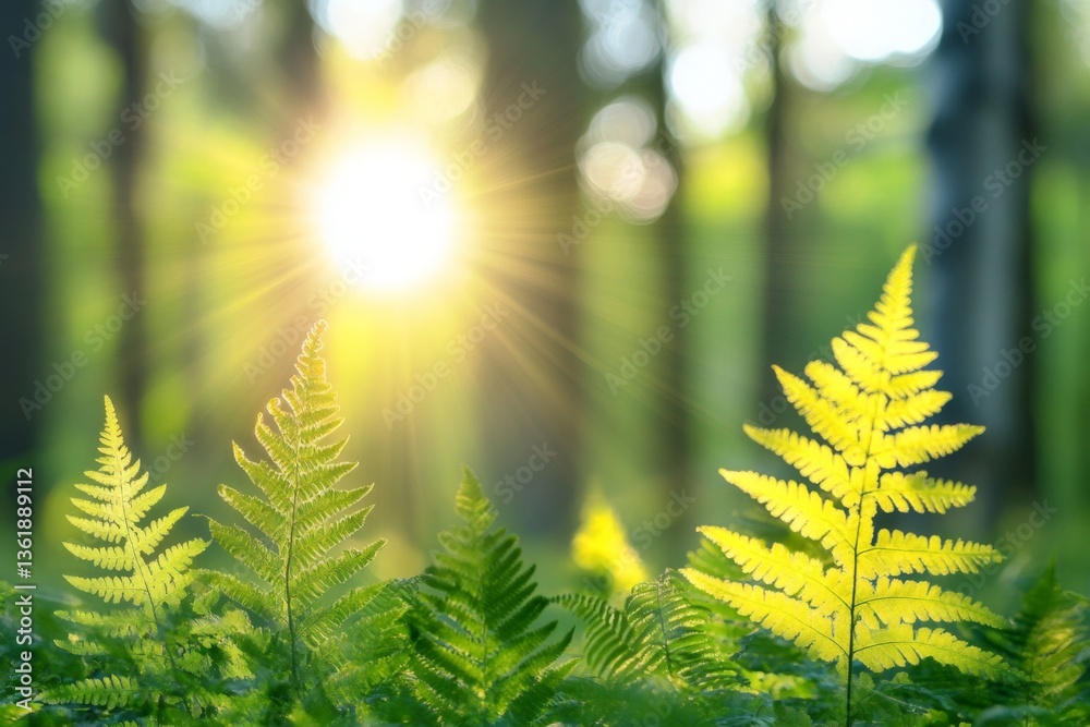 Poster Sunlight filters through trees highlighting lush ferns in a serene forest setting during early morning hours
