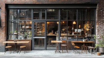 Cozy café exterior with wooden tables, inviting atmosphere, urban setting