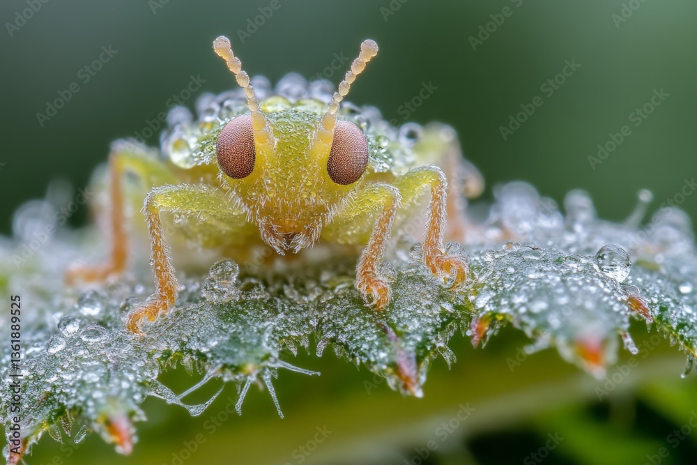 Aufkleber macro view of a bright green insect with dew drops on a leaf in a lush garden during early morning
