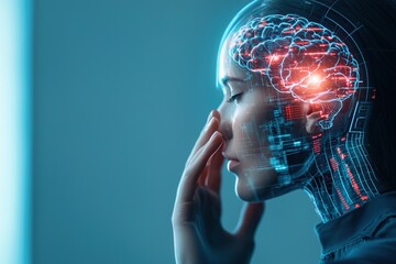 A futuristic human with a digital brain overlay, symbolizing the fusion of technology and consciousness.