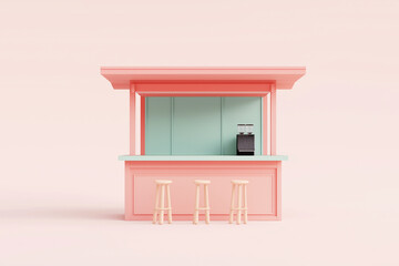 3D rendering, A cafe kiosk in pastel color, on a white background, minimal style. Cute pastel Kiosk design, Food cart design