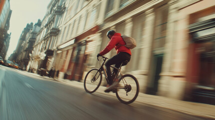 A bicycle courier navigates through city streets with speed, focused on making a last-minute delivery. Buildings blur by as the rider increases pace under clear skies.