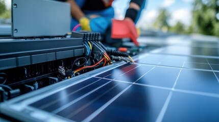 A close-up of solar panel wiring being connected to a charge controller, with a clean background for focus