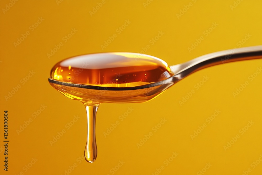 Poster reflection of golden honey on a spoon with a vibrant yellow background during a warm afternoon